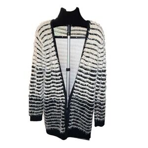 Sisters Black White Striped Eyelash Knit Fuzzy Soft Open Front Cardigan XL
